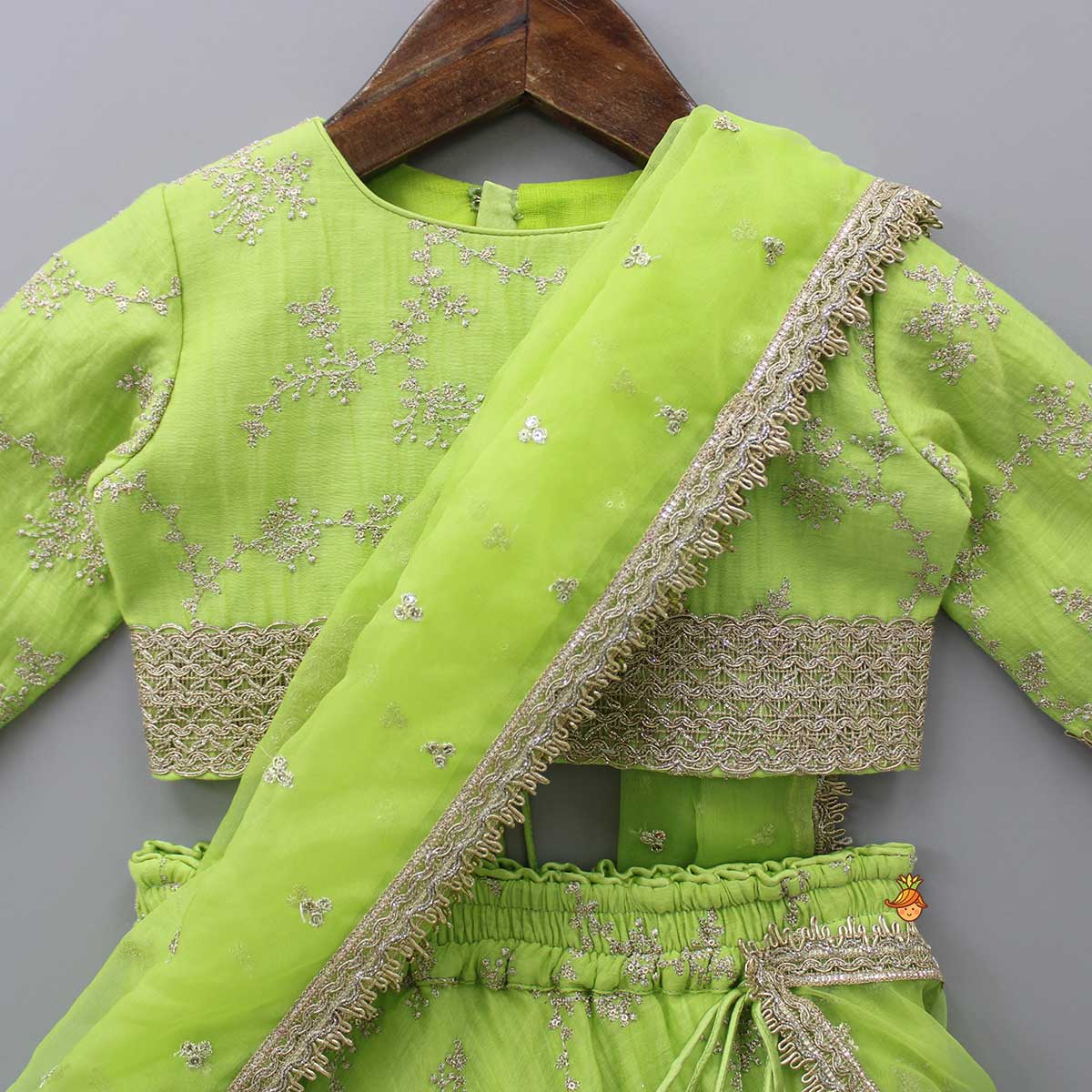 Pre Order: Green Embroidered Lacework Top With Lehenga And Attached Dupatta