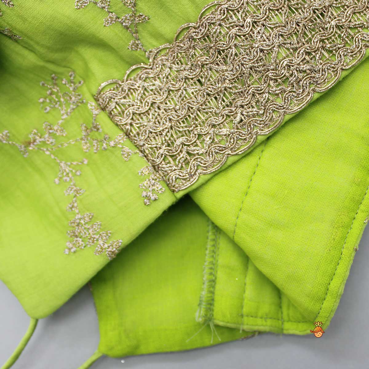 Pre Order: Green Embroidered Lacework Top With Lehenga And Attached Dupatta