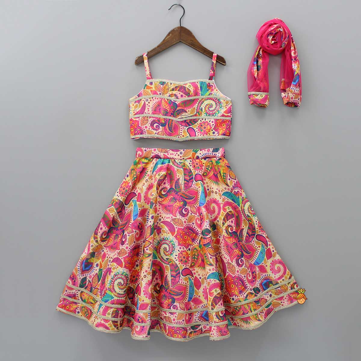Printed Multicolour Strappy Top And Lehenga With Net Pink Dupatta