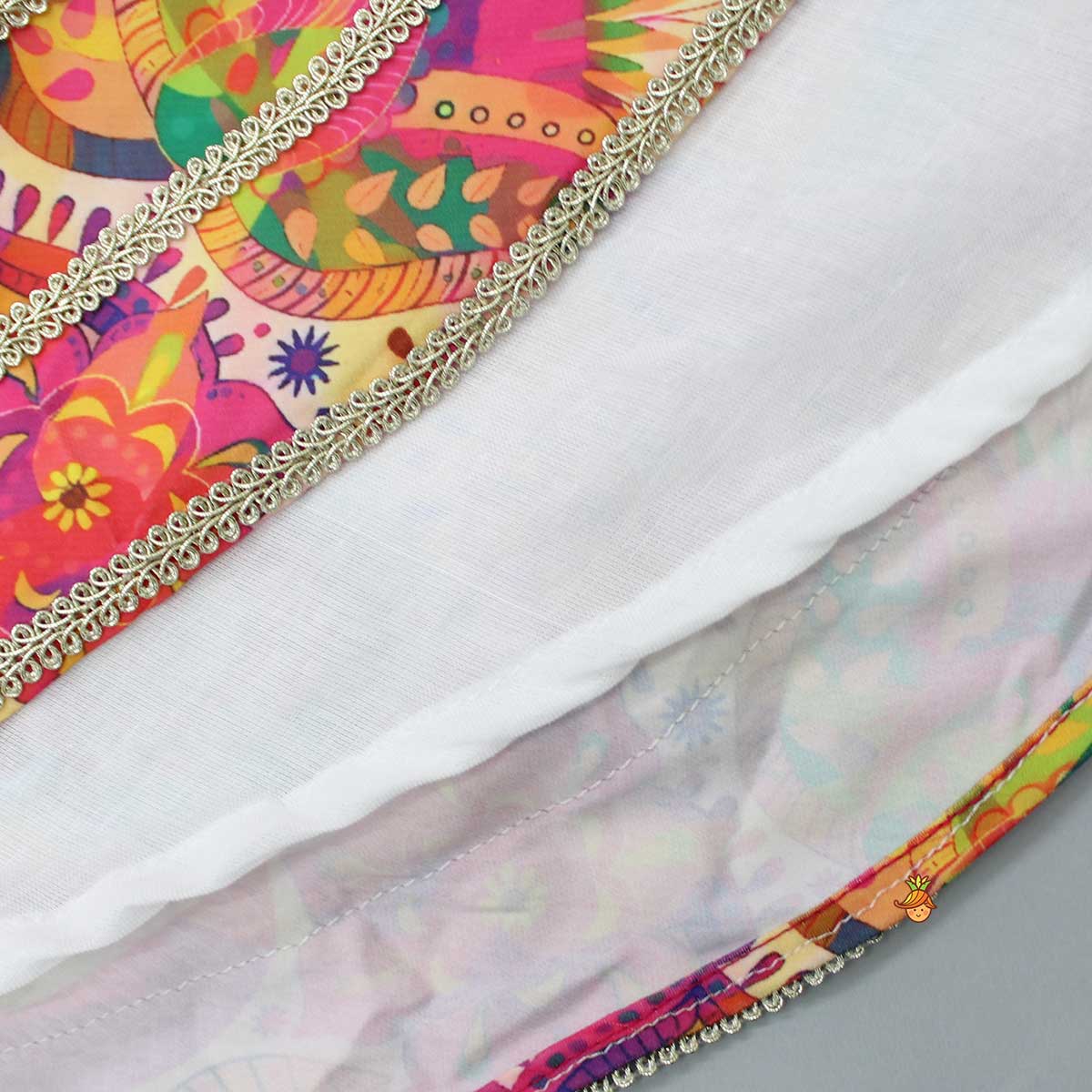 Printed Multicolour Strappy Top And Lehenga With Net Pink Dupatta