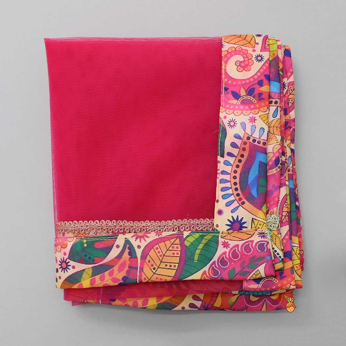 Printed Multicolour Strappy Top And Lehenga With Net Pink Dupatta