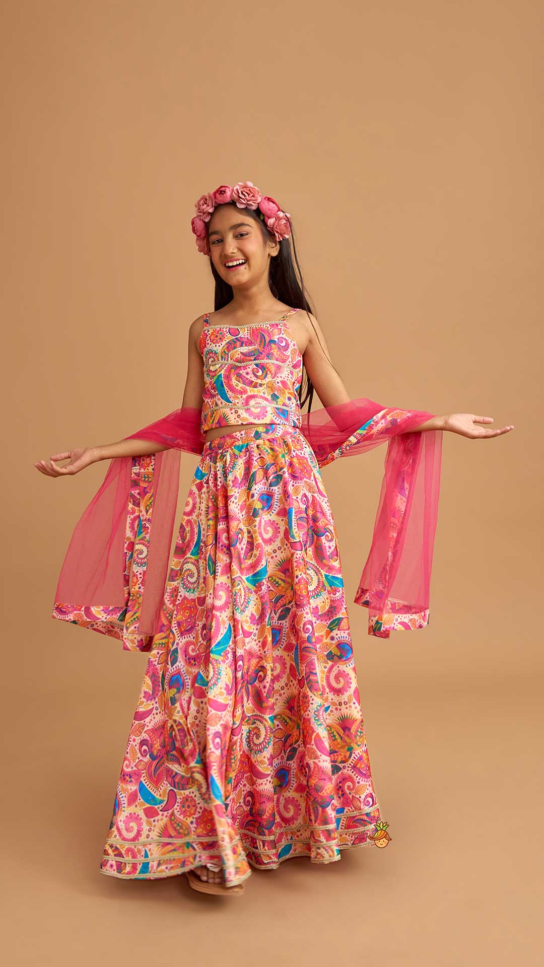 Printed Multicolour Strappy Top And Lehenga With Net Pink Dupatta