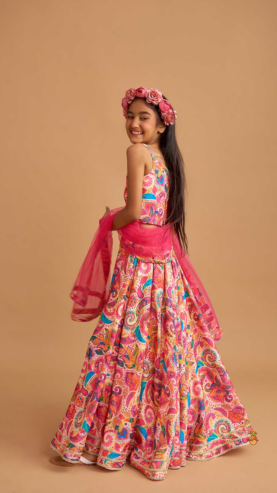 Printed Multicolour Strappy Top And Lehenga With Net Pink Dupatta