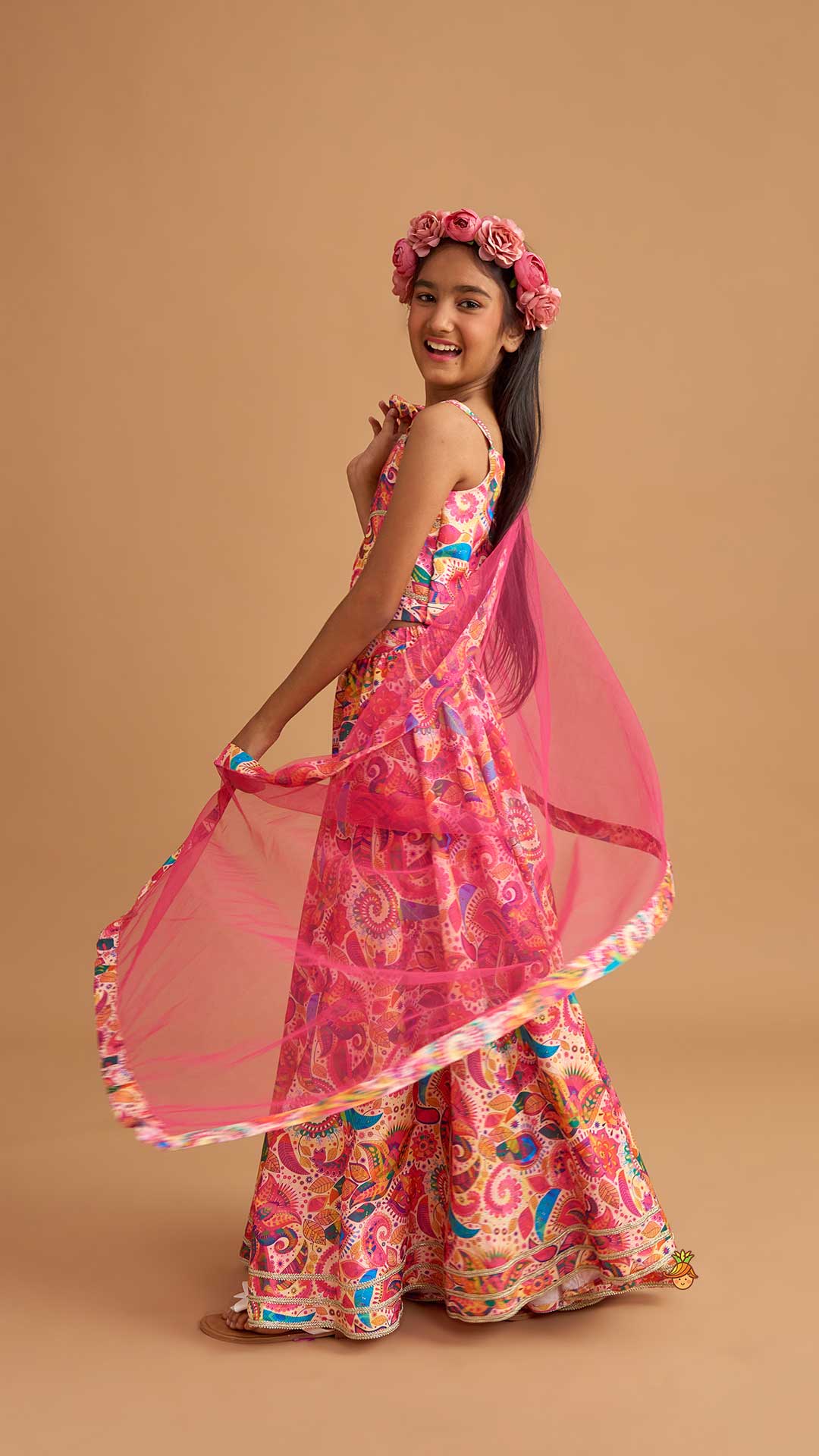 Printed Multicolour Strappy Top And Lehenga With Net Pink Dupatta