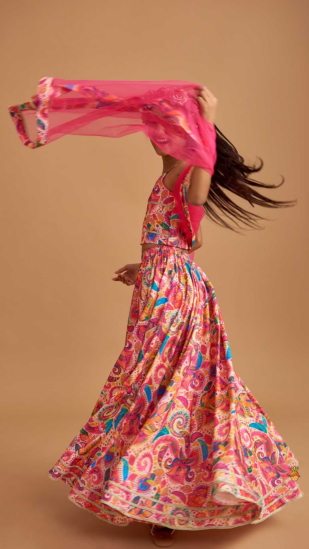Printed Multicolour Strappy Top And Lehenga With Net Pink Dupatta