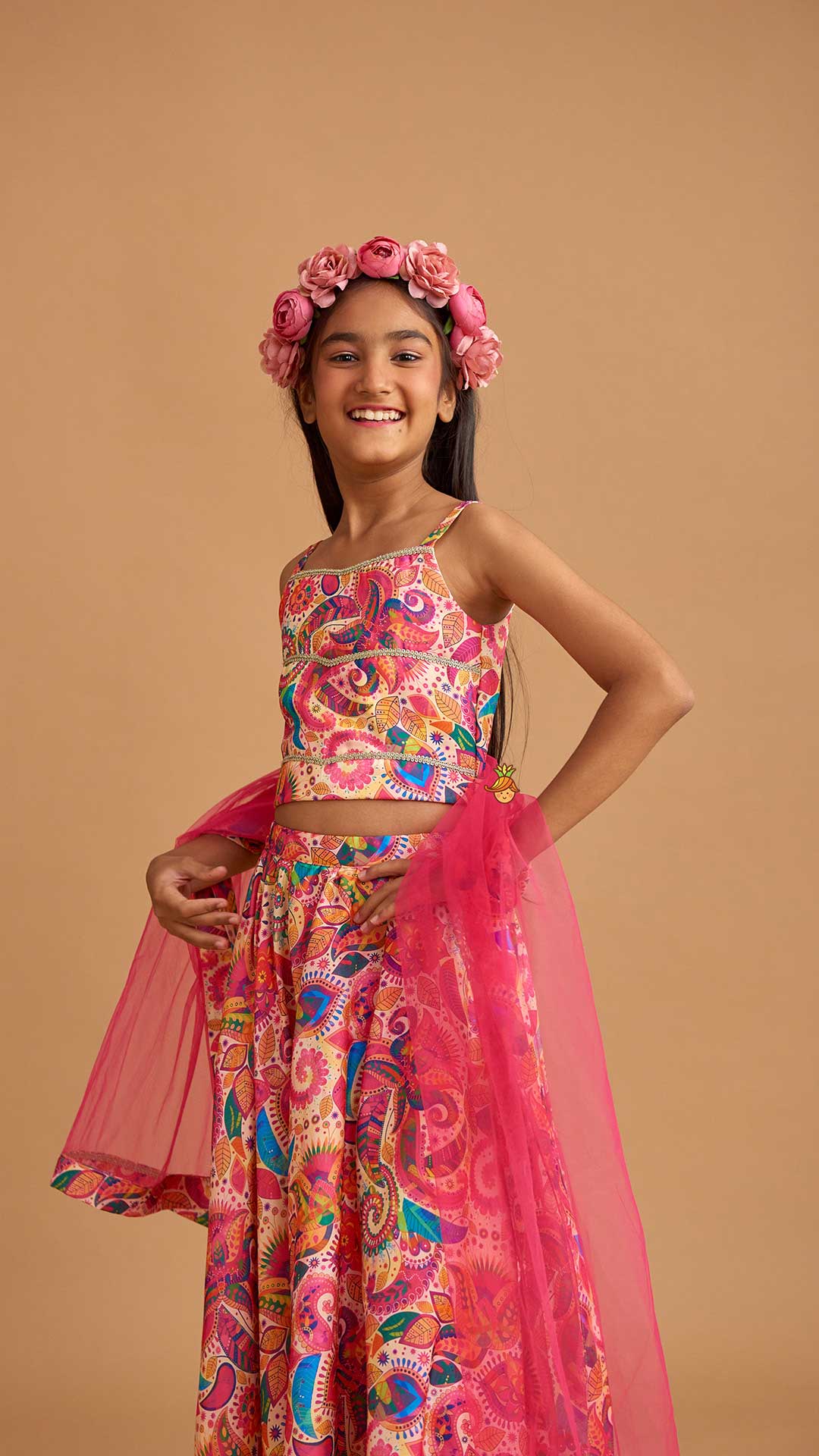 Printed Multicolour Strappy Top And Lehenga With Net Pink Dupatta