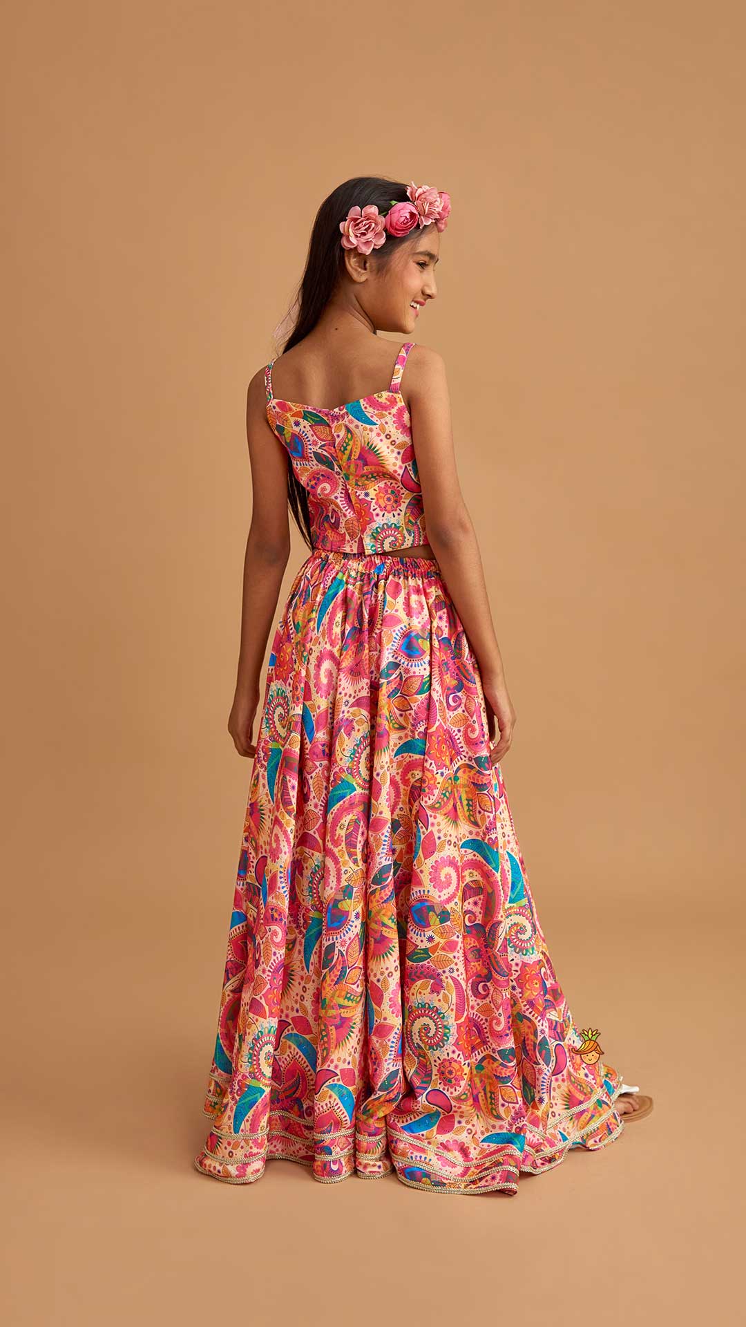 Printed Multicolour Strappy Top And Lehenga With Net Pink Dupatta