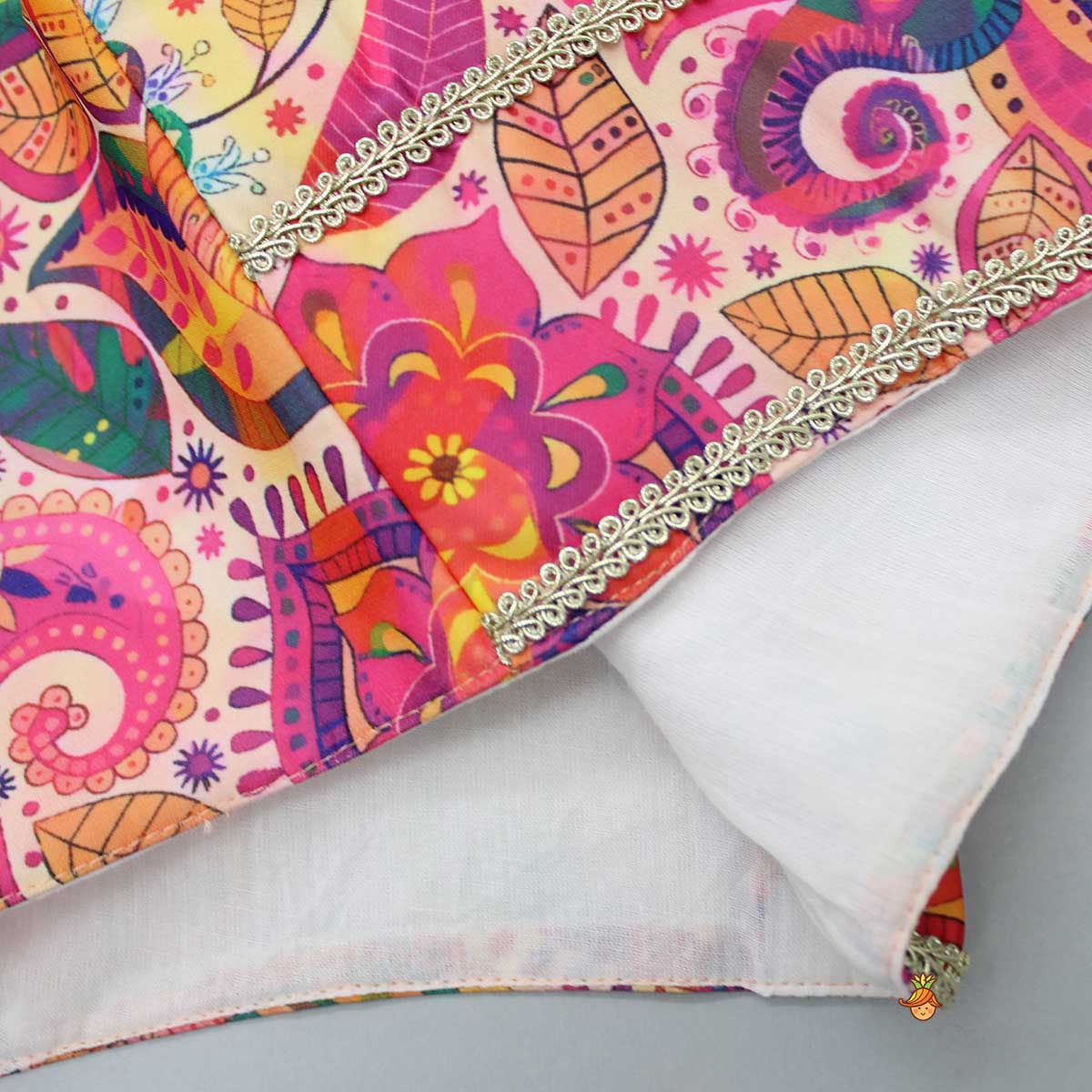 Printed Multicolour Strappy Top And Lehenga With Net Pink Dupatta