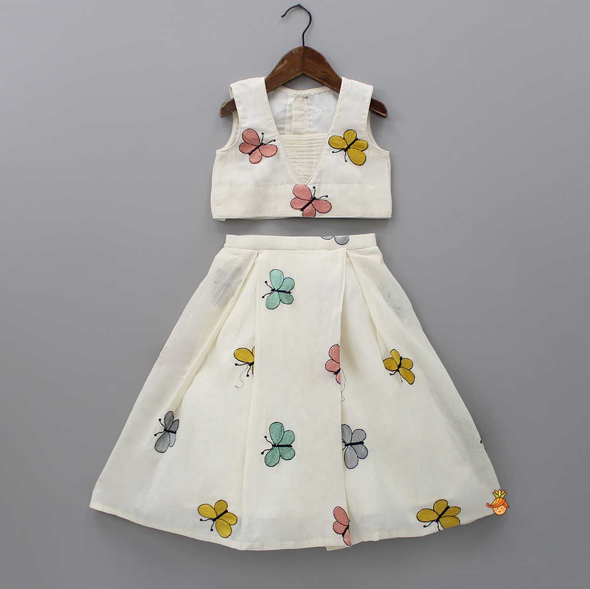 Pre Order: Butterfly Embroidered Off White Top And Lehenga