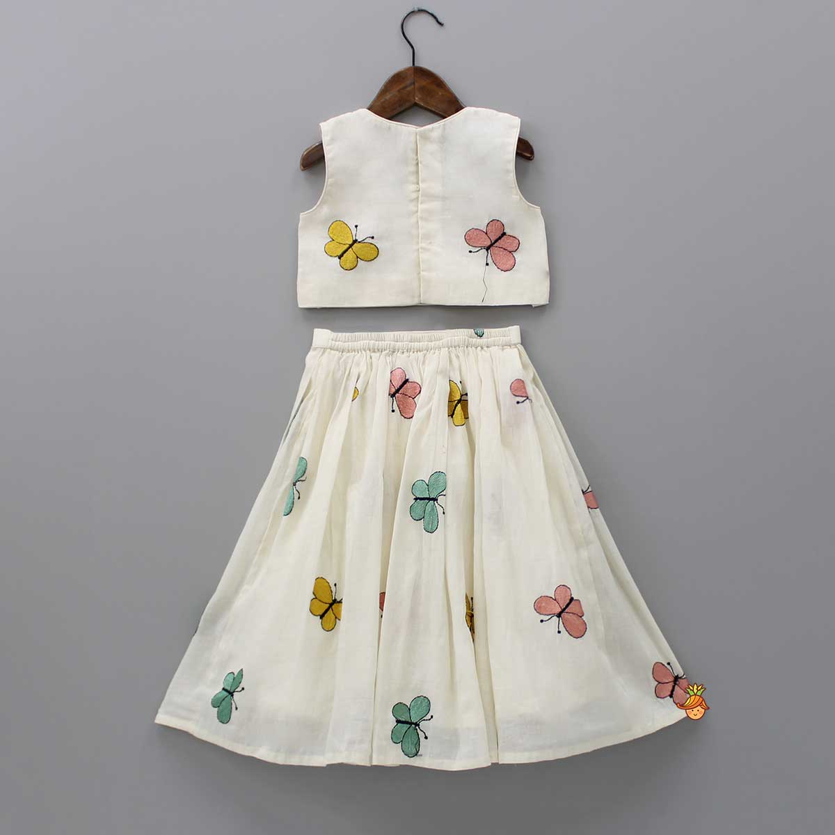 Pre Order: Butterfly Embroidered Off White Top And Lehenga