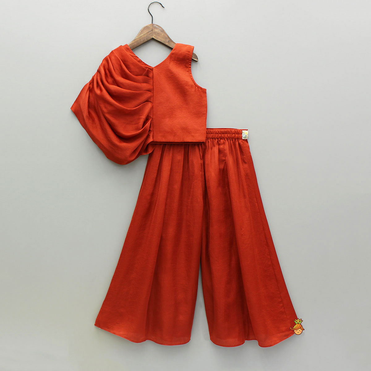 Pre Order: Leaf Adorned Rust Crop Top And Flared Palazzo