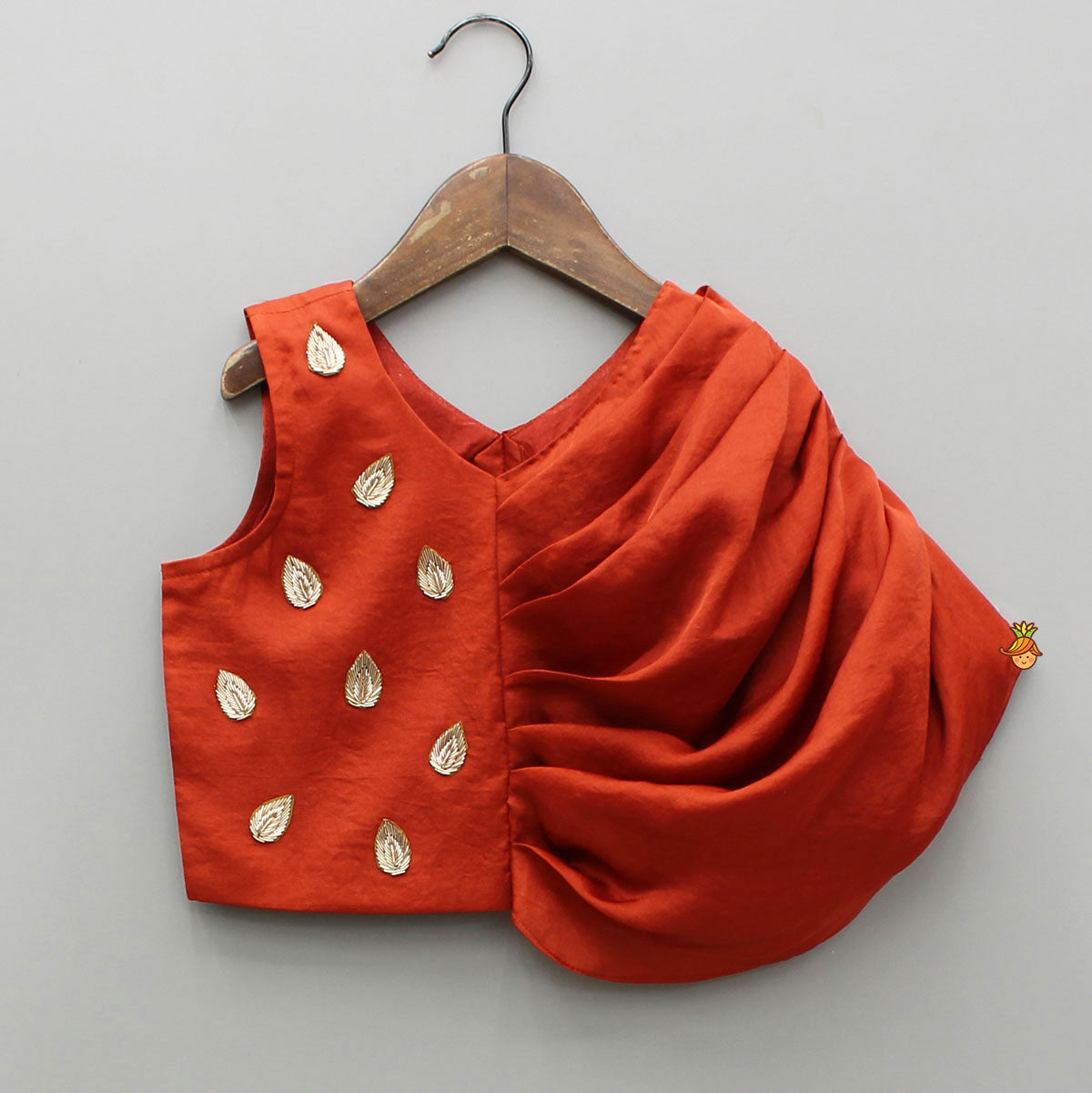 Pre Order: Leaf Adorned Rust Crop Top And Flared Palazzo