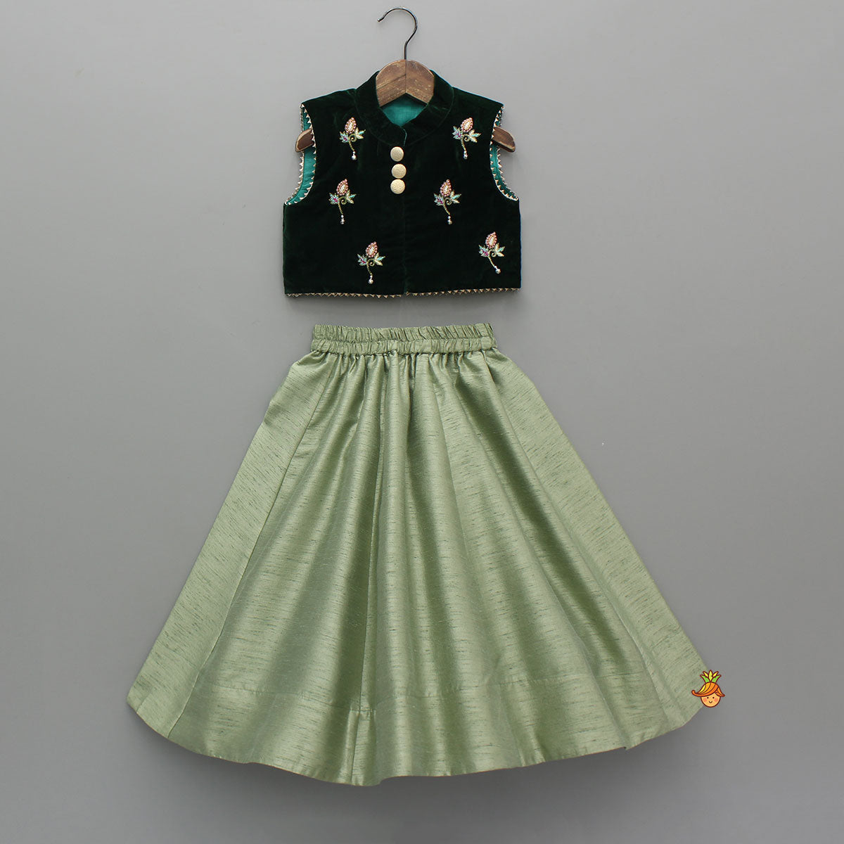 Pre Order: Embroidered Velvet Green Top And Lehenga