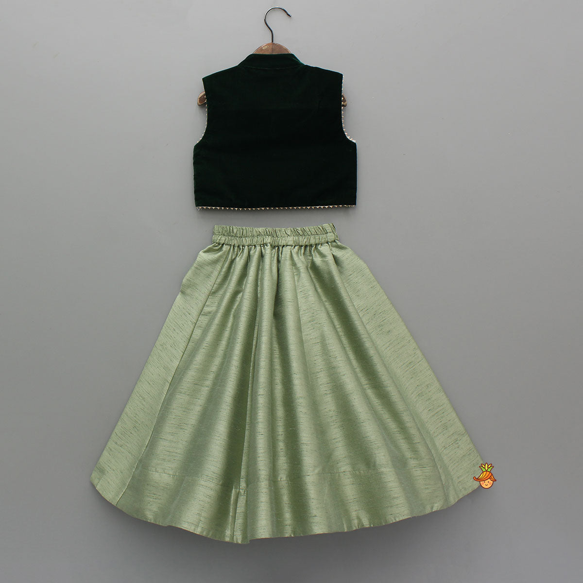 Pre Order: Embroidered Velvet Green Top And Lehenga