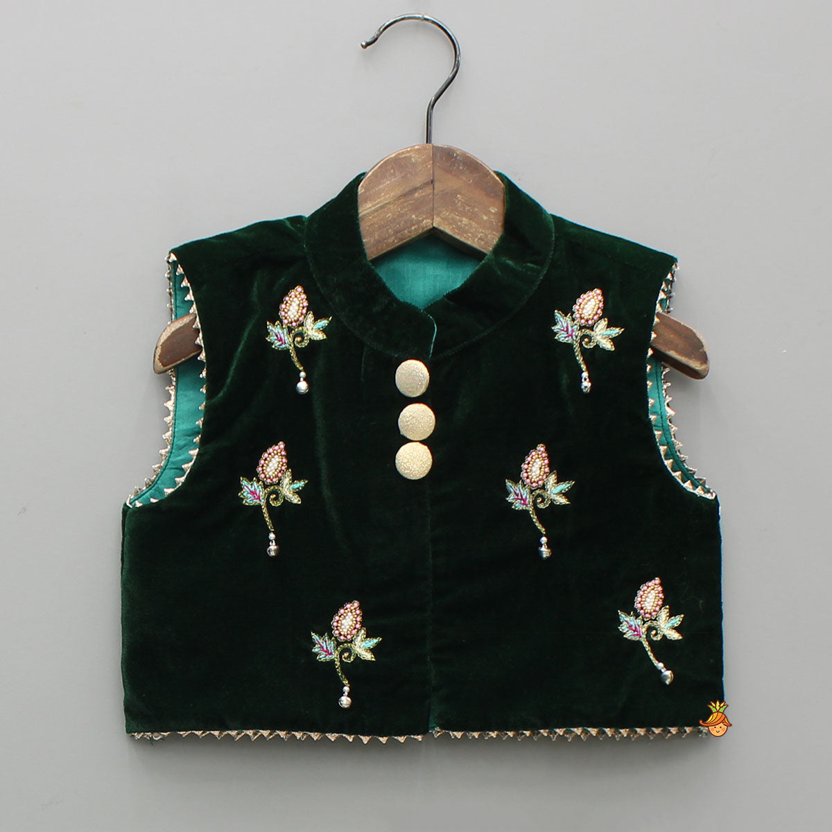 Pre Order: Embroidered Velvet Green Top And Lehenga