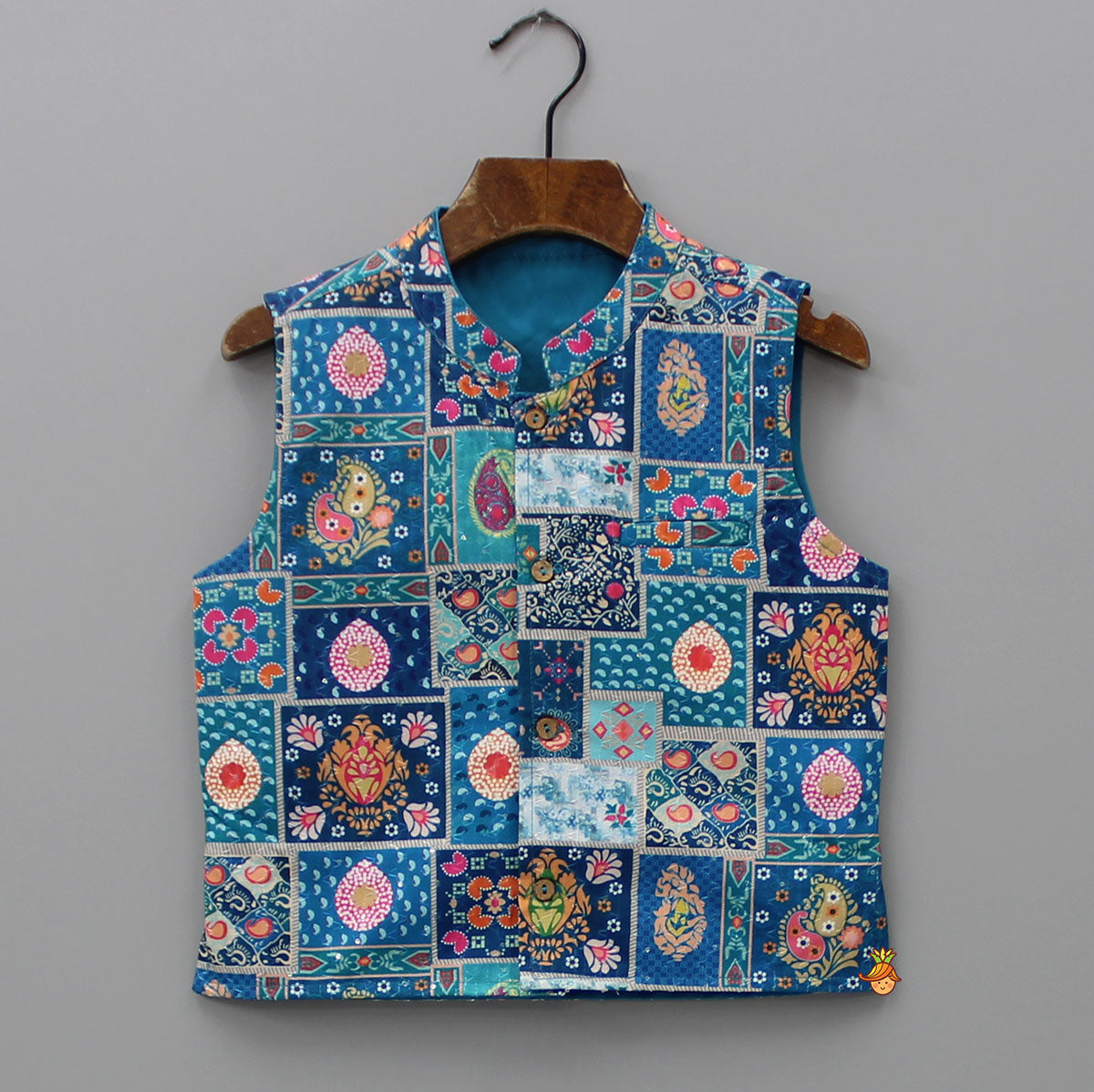 Blue Kurta With Multicolour Jacket And Pyjama