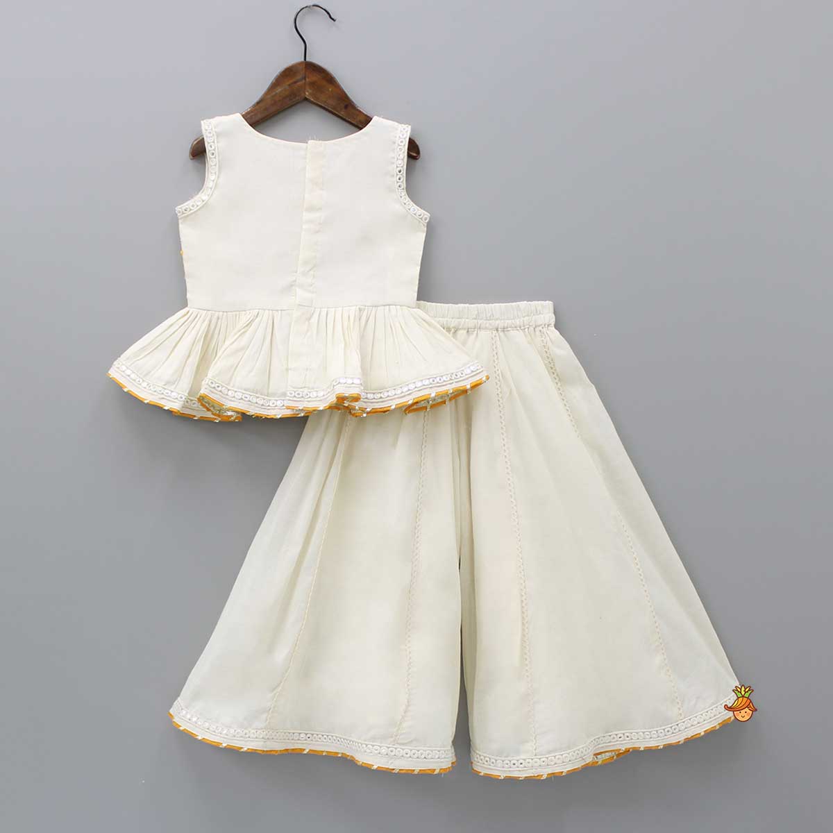 Pre Order: Off White Faux Mirror Work Top And Flared Palazzo