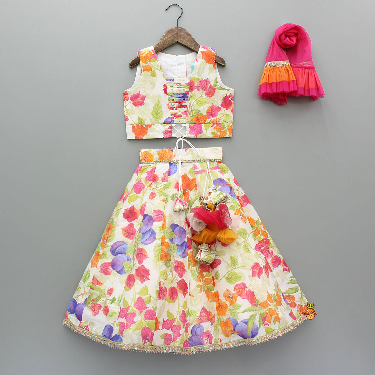 Pre Order: Multicolour Floral Printed Top And Lehenga With Net Dupatta