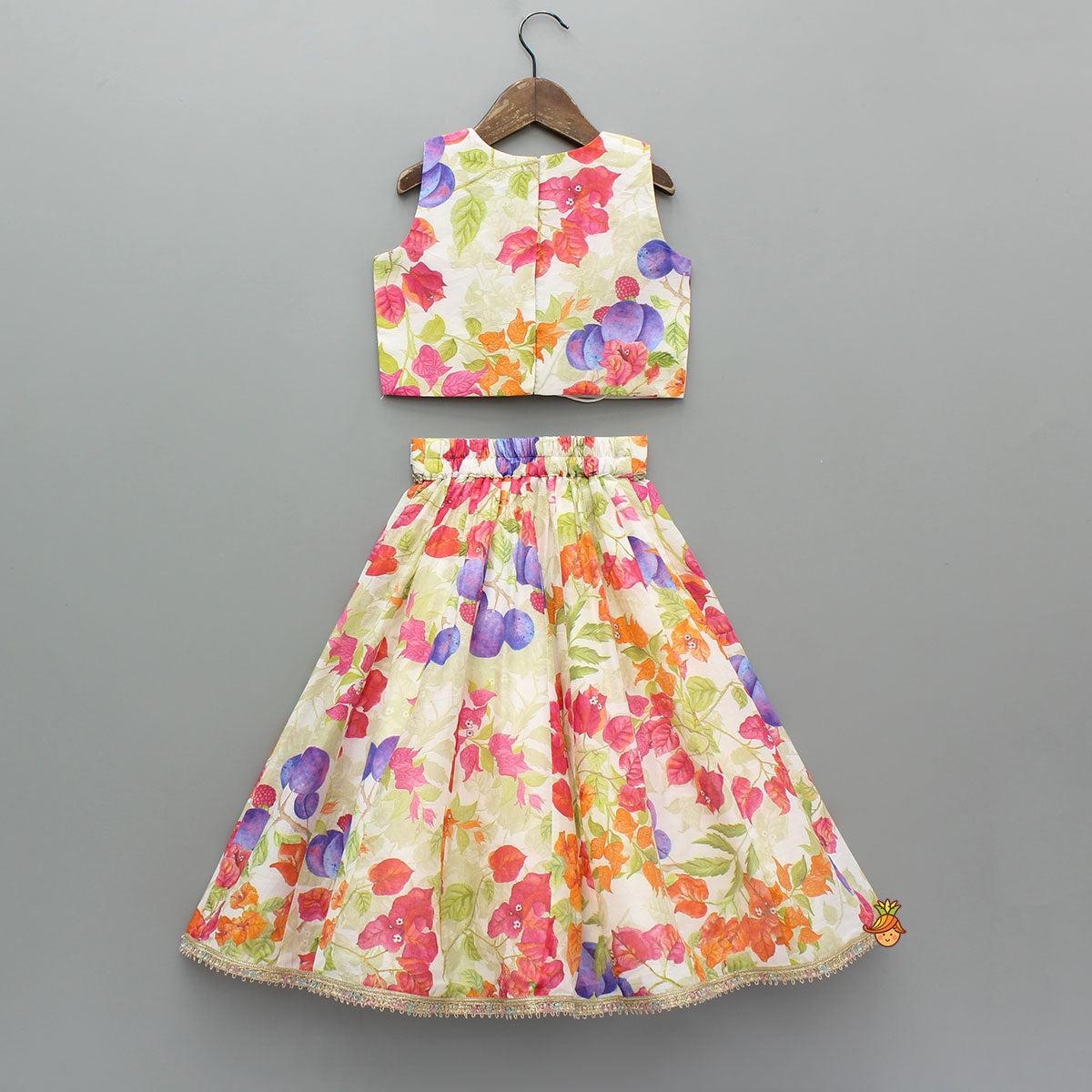 Pre Order: Multicolour Floral Printed Top And Lehenga With Net Dupatta