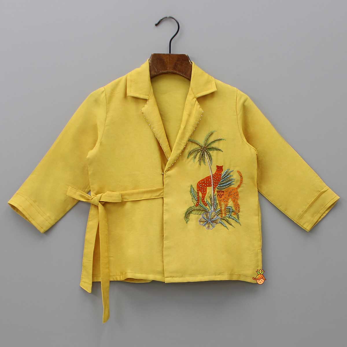 Pre Order: Animal Embroidered Front Overlap Shirt With Tie-Ups And Pant