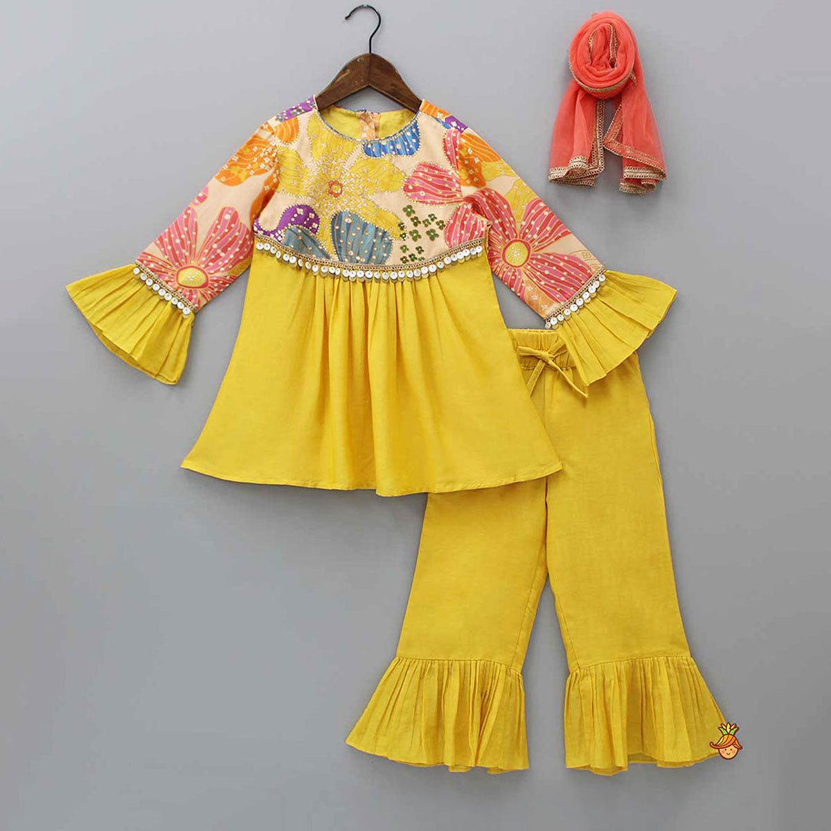 Pre Order: Sequins Floral Printed Kurti With Palazzo And Net Dupatta