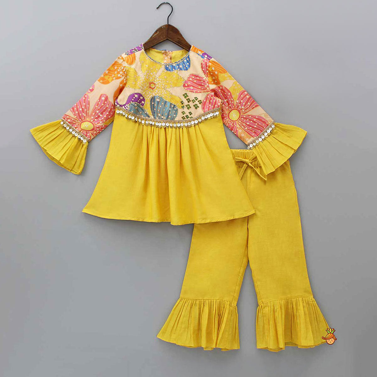 Pre Order: Sequins Floral Printed Kurti With Palazzo And Net Dupatta