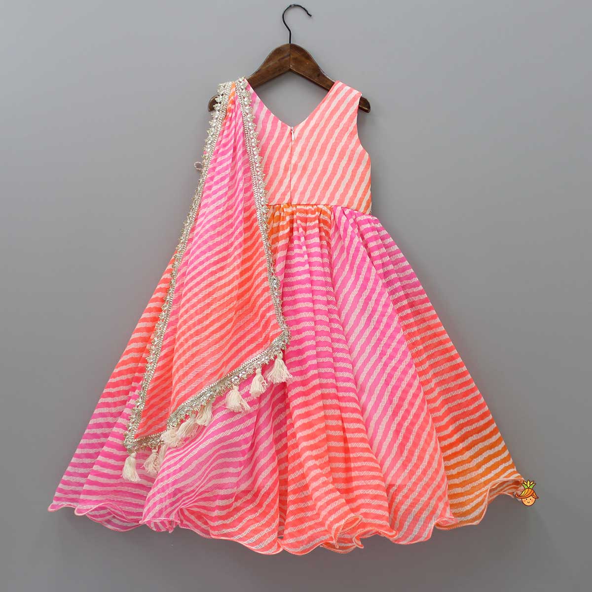 Pre Order: Multicolour Leheriya Printed Anarkali With One Side Flap And Attached Dupatta