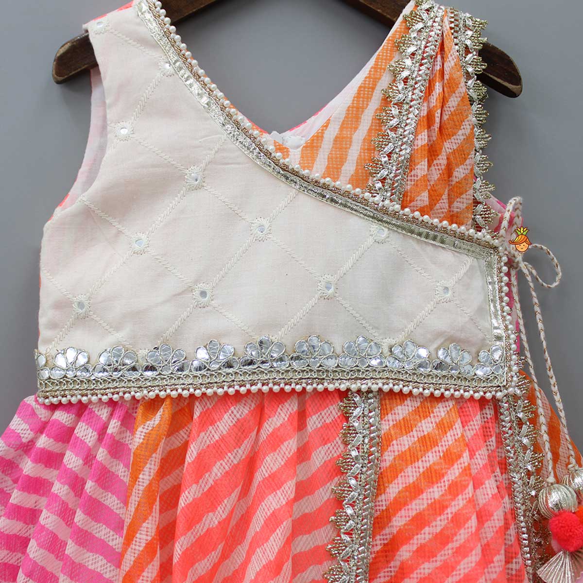 Pre Order: Multicolour Leheriya Printed Anarkali With One Side Flap And Attached Dupatta