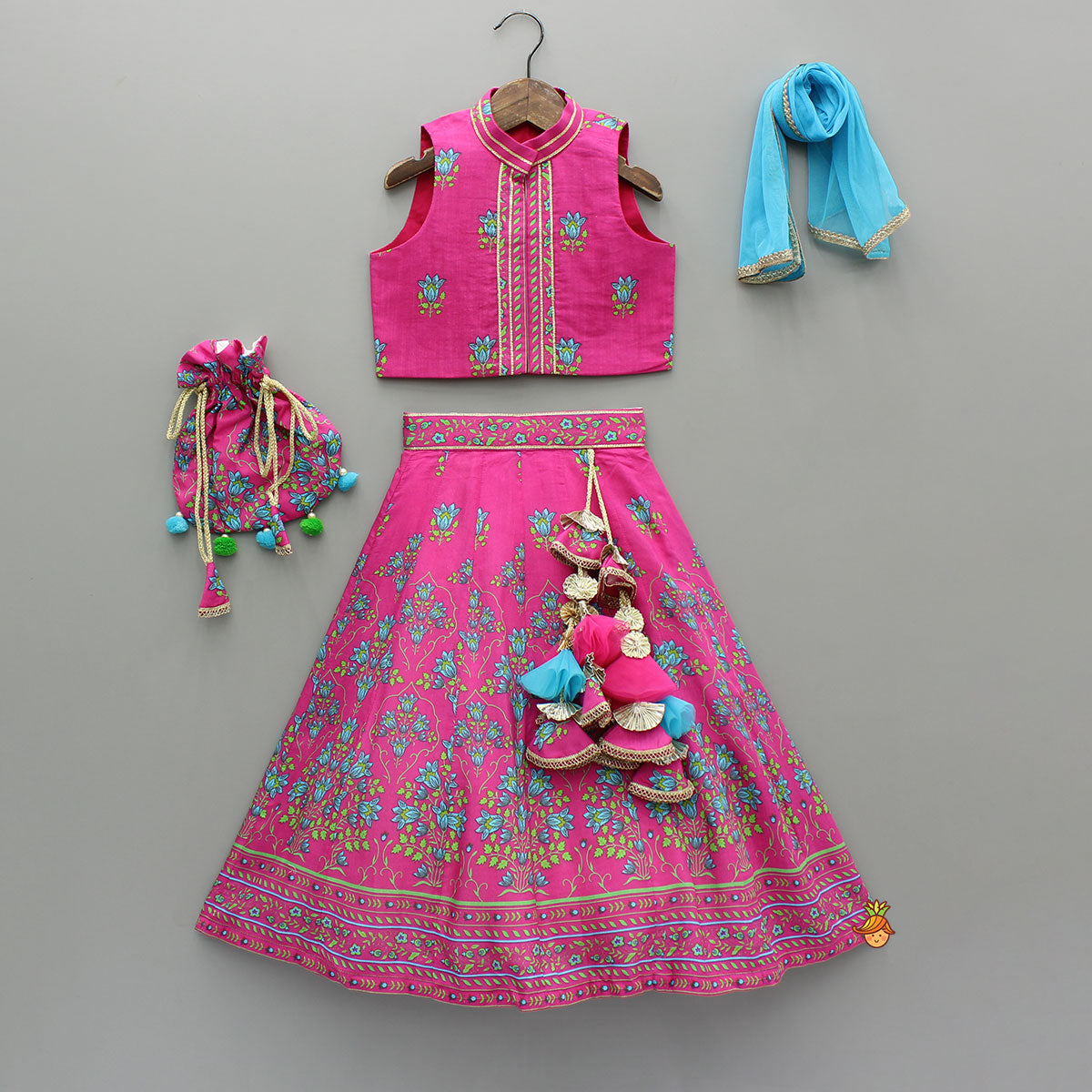 Pre Order: Pink Floral Printed Top And Lehenga With Matching Potli And Net Dupatta