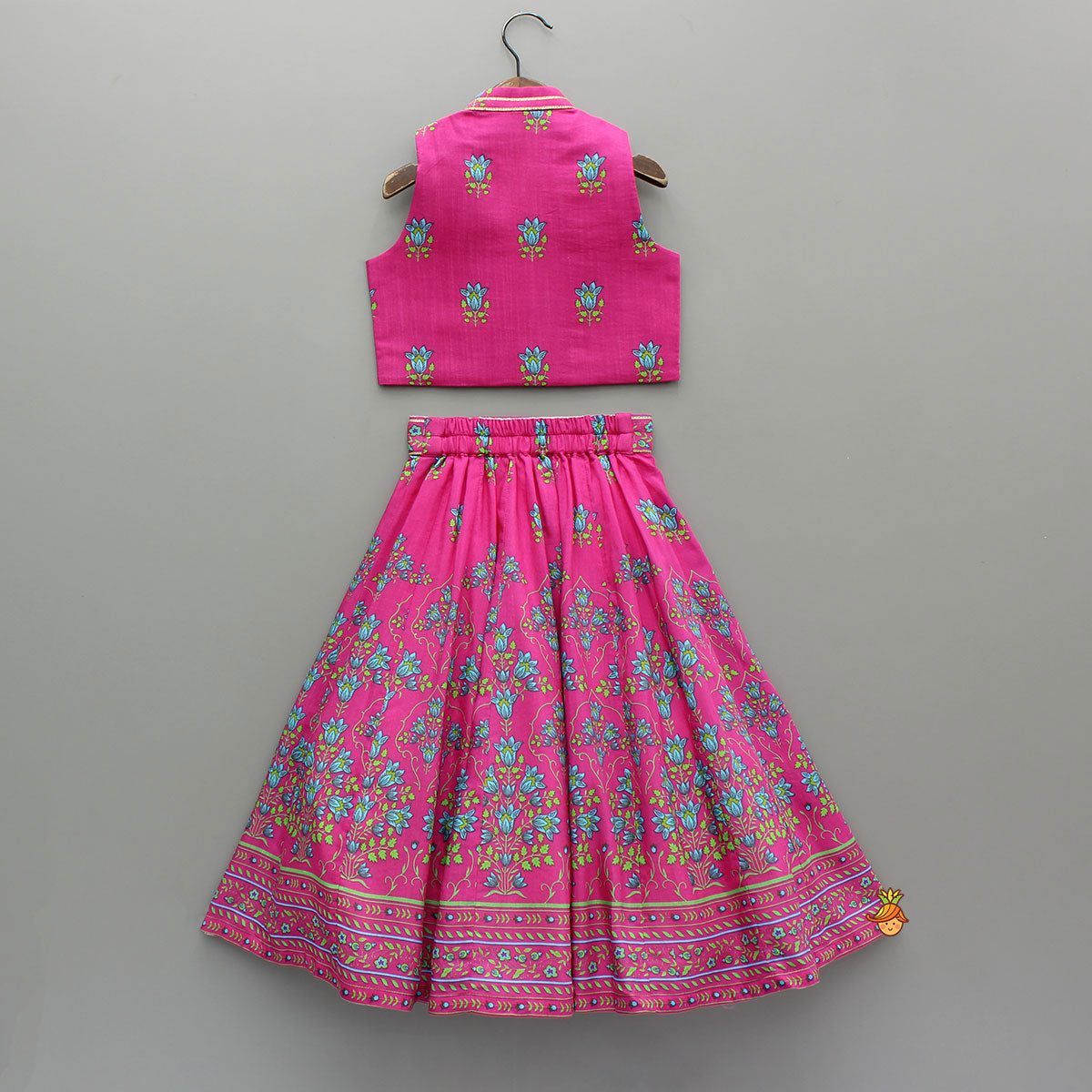 Pre Order: Pink Floral Printed Top And Lehenga With Matching Potli And Net Dupatta