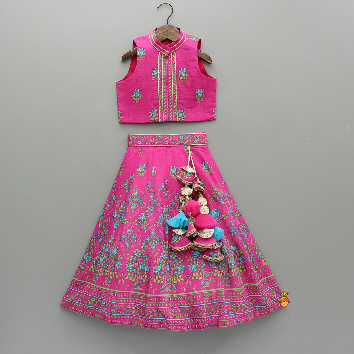 Pre Order: Pink Floral Printed Top And Lehenga With Matching Potli And Net Dupatta