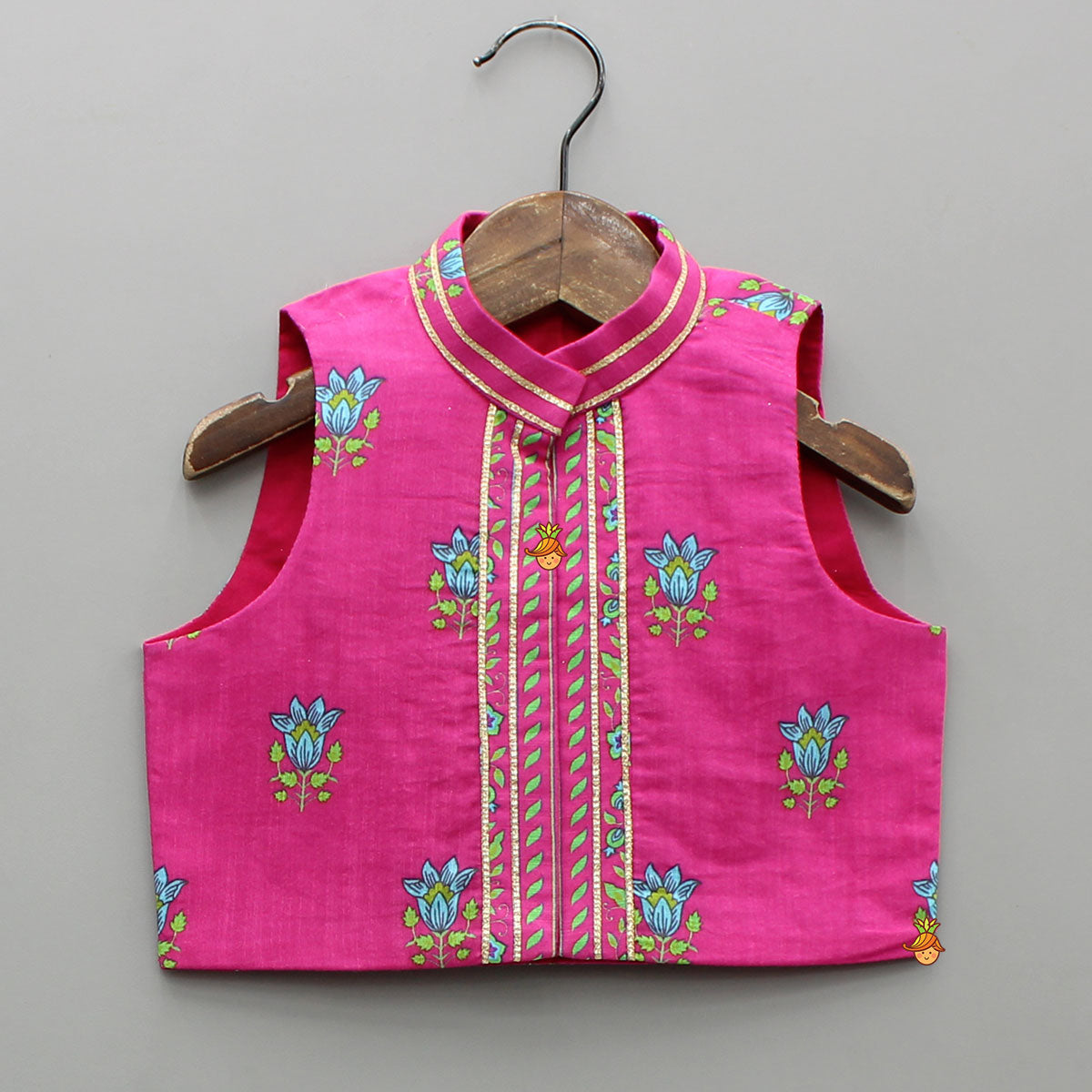 Pre Order: Pink Floral Printed Top And Lehenga With Matching Potli And Net Dupatta