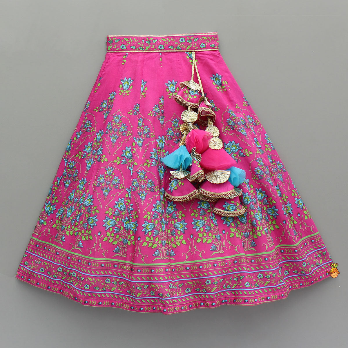 Pre Order: Pink Floral Printed Top And Lehenga With Matching Potli And Net Dupatta