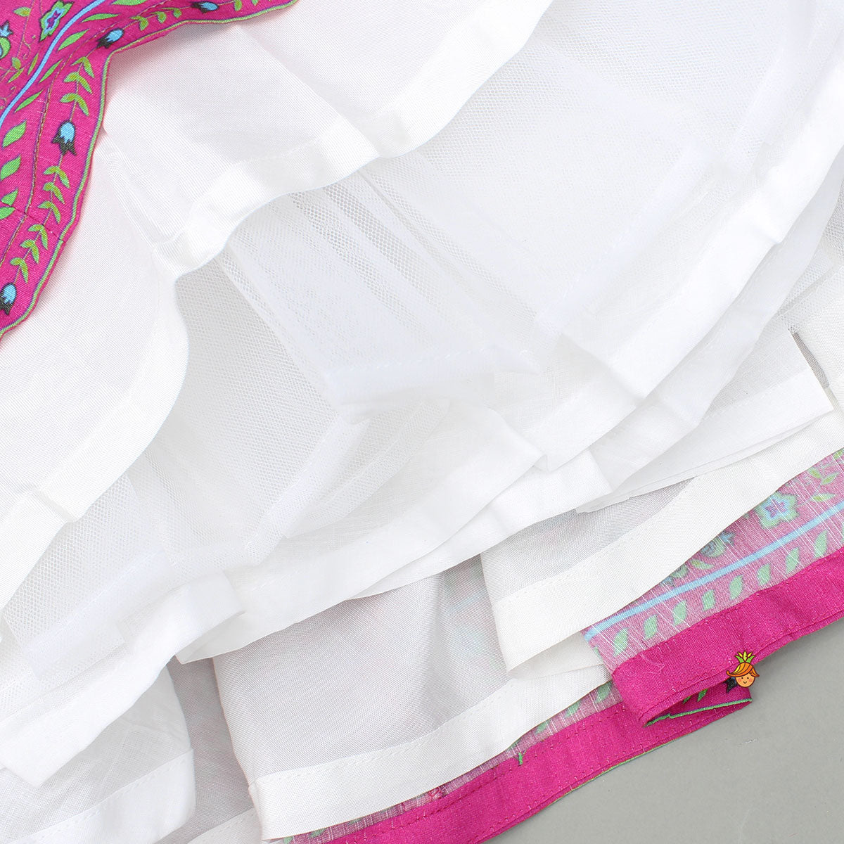 Pre Order: Pink Floral Printed Top And Lehenga With Matching Potli And Net Dupatta