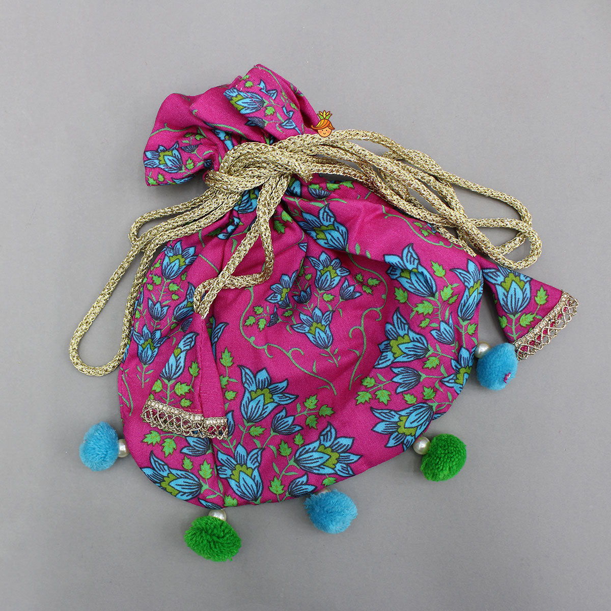 Pre Order: Pink Floral Printed Top And Lehenga With Matching Potli And Net Dupatta