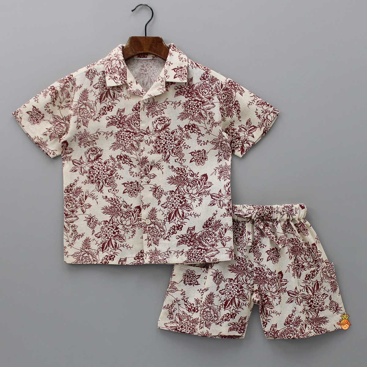 Pre Order: Floral Printed Beige Shirt And Shorts