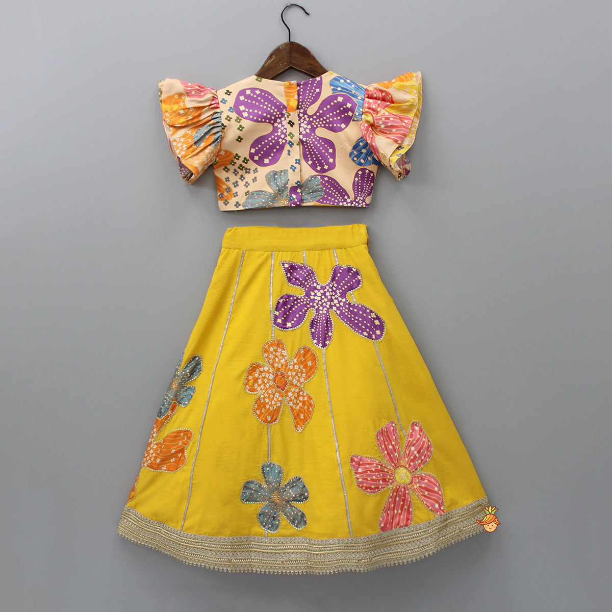 Pre Order: Sequin Floral Printed Top With Lehenga And Net Dupatta