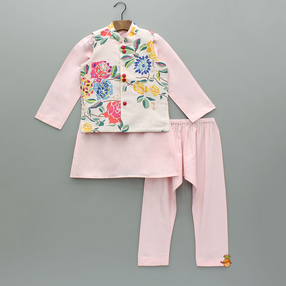 Pre Order: Pink Kurta With Hand Embroidered Floral Printed Jacket And Pyjama