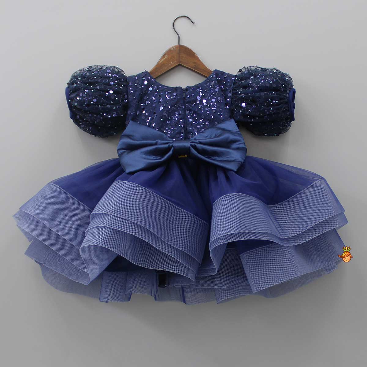 Pre Order: Sequined Ruffled Blue Dress With Bows And Matching Swirled Bow Headband