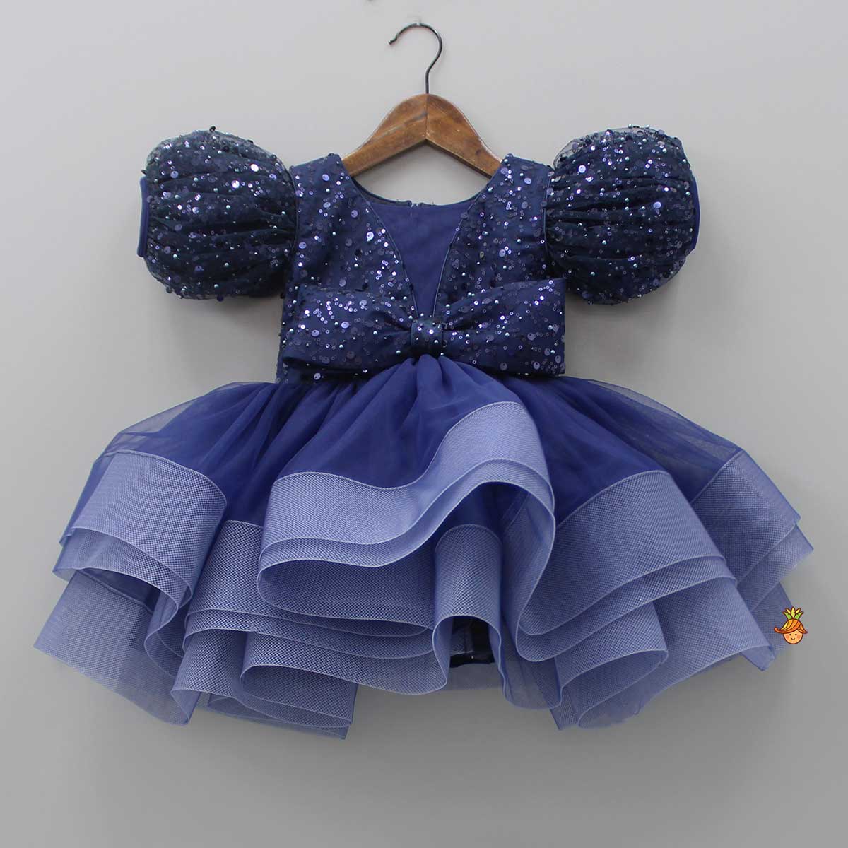 Pre Order: Sequined Ruffled Blue Dress With Bows And Matching Swirled Bow Headband