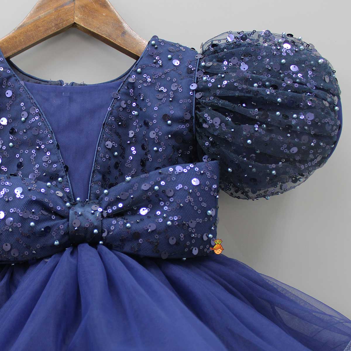 Pre Order: Sequined Ruffled Blue Dress With Bows And Matching Swirled Bow Headband