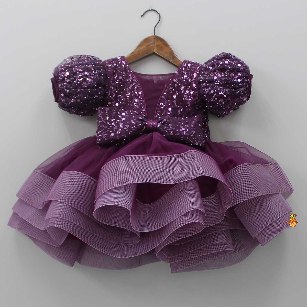Layered Wine Dress And Detachable Bow With Swirled Headband