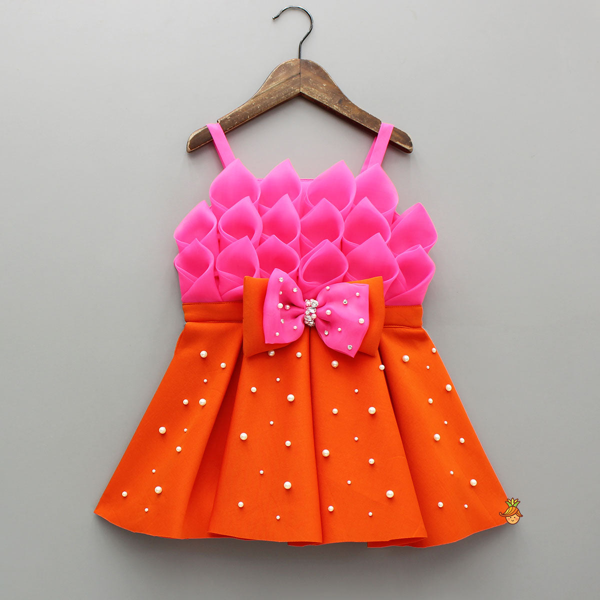 Pre Order: Pink Rose Petal Dual Tone Pleated Dress With Embellished Bow