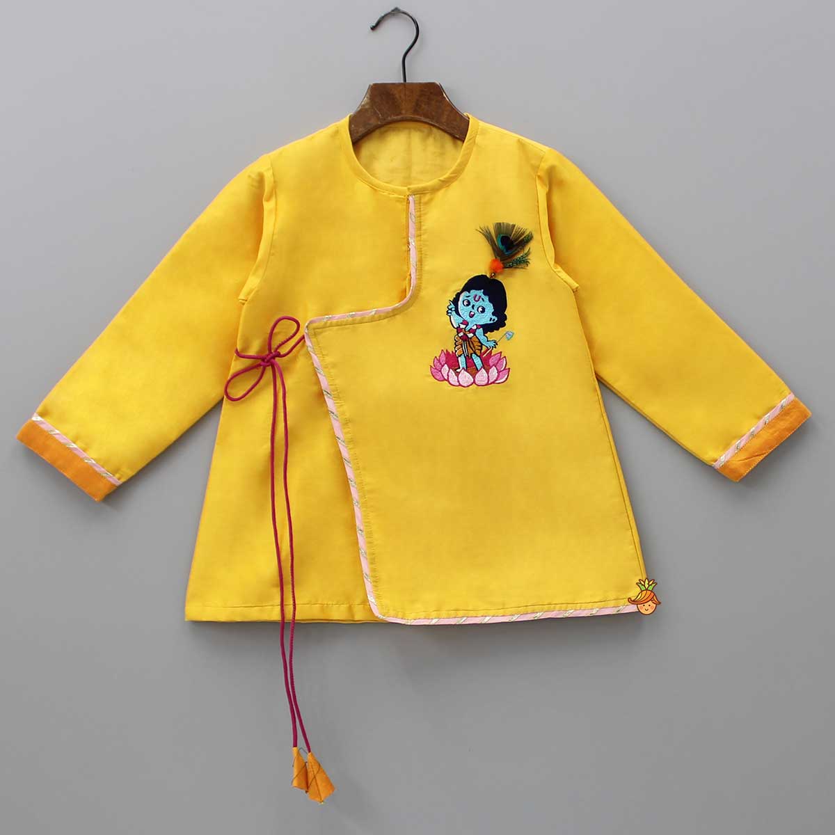 Pre Order: Embroidered Krishna Angarkha Style Kurta With Lace Work Dhoti And Mukut