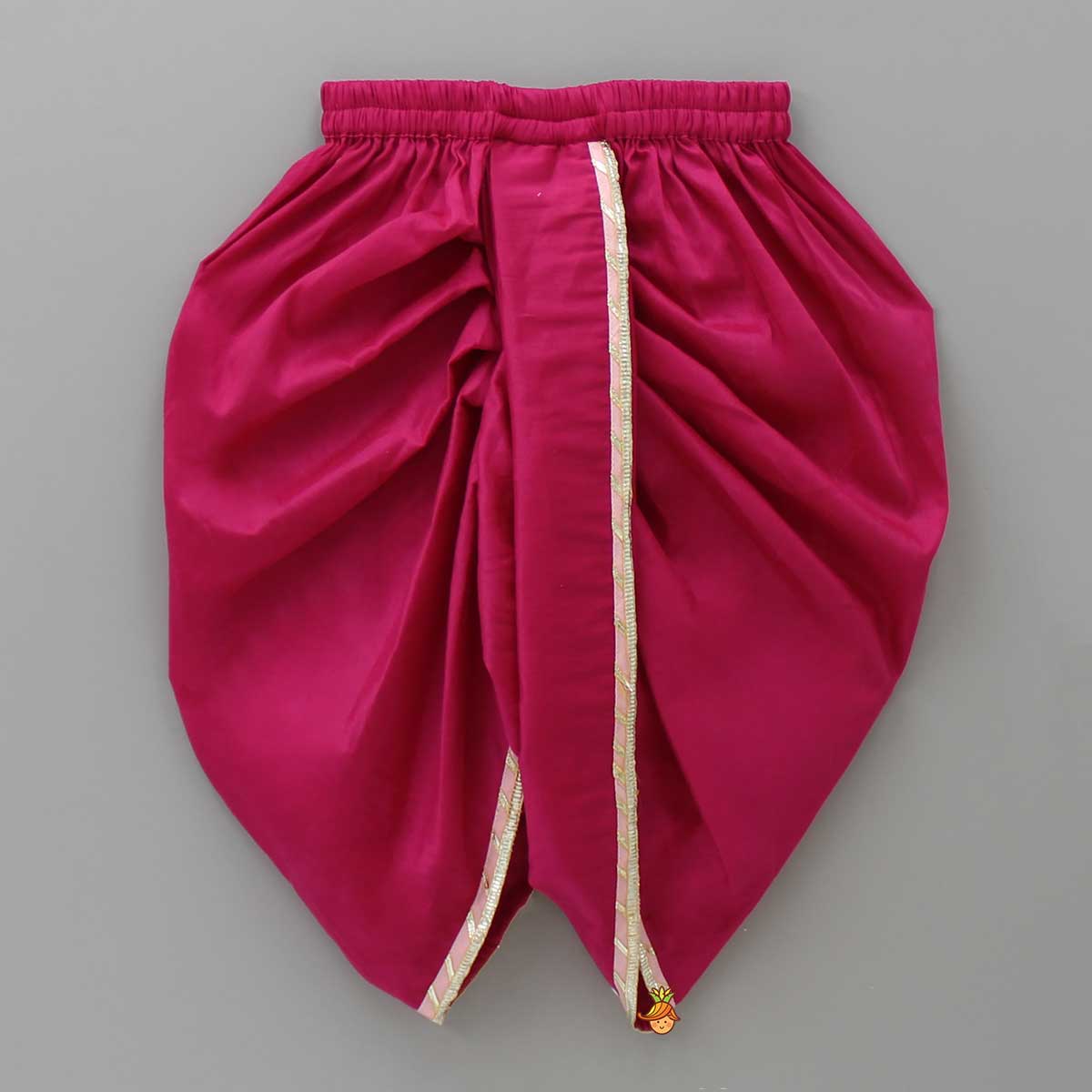 Pre Order: Embroidered Krishna Angarkha Style Kurta With Lace Work Dhoti And Mukut