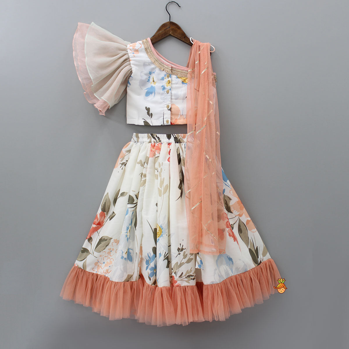 Pre Order: Floral Printed One Shoulder Top And Lehenga With Attached Dupatta