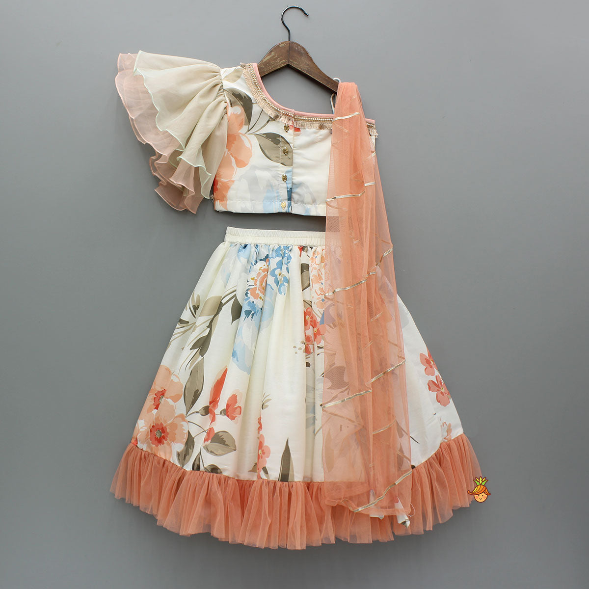 Pre Order: Floral Printed One Shoulder Top And Lehenga With Attached Dupatta