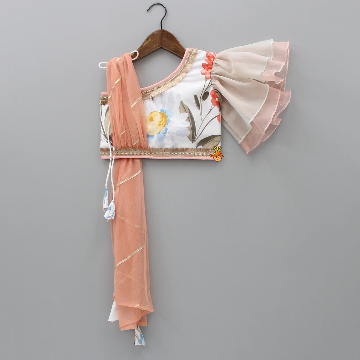 Pre Order: Floral Printed One Shoulder Top And Lehenga With Attached Dupatta