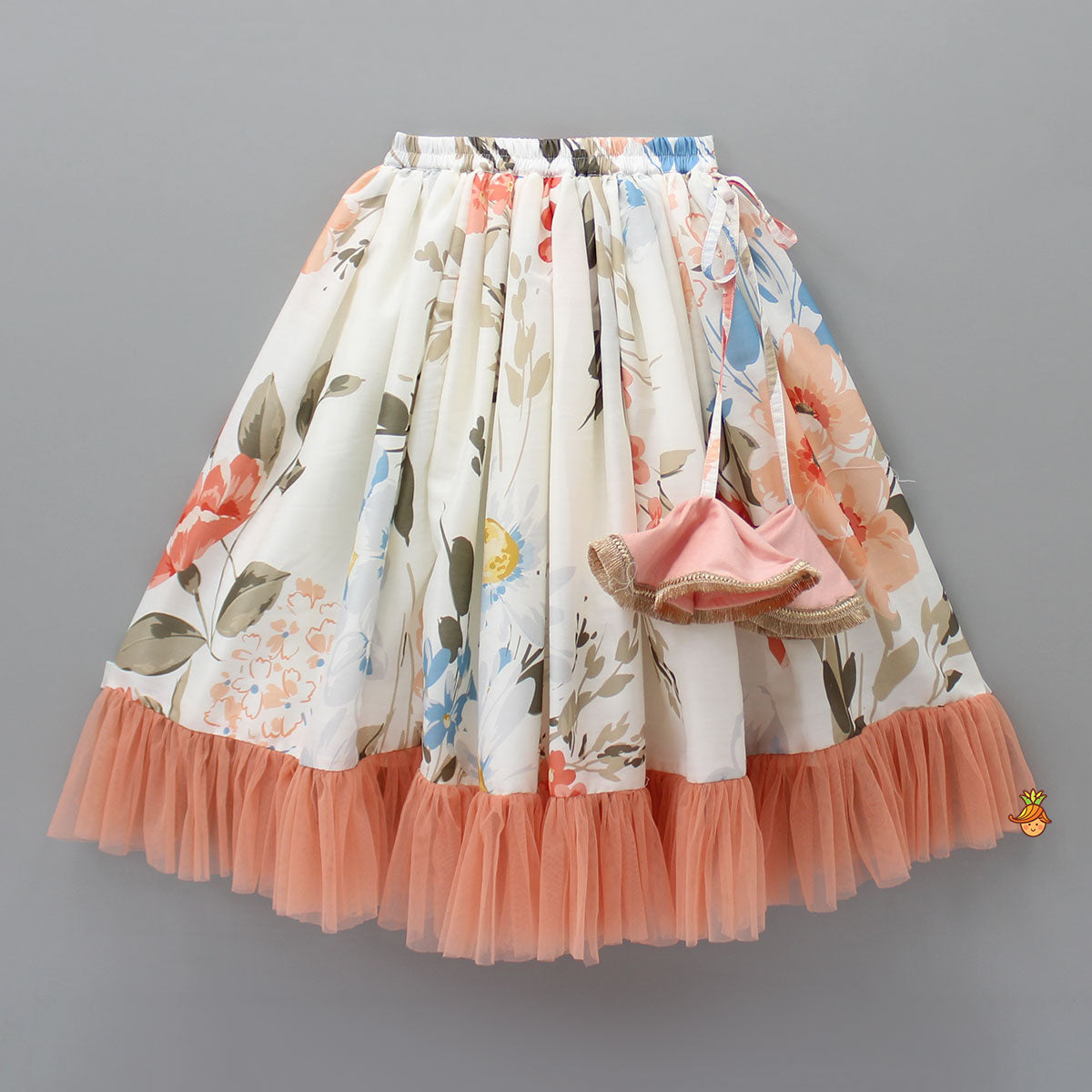 Pre Order: Floral Printed One Shoulder Top And Lehenga With Attached Dupatta