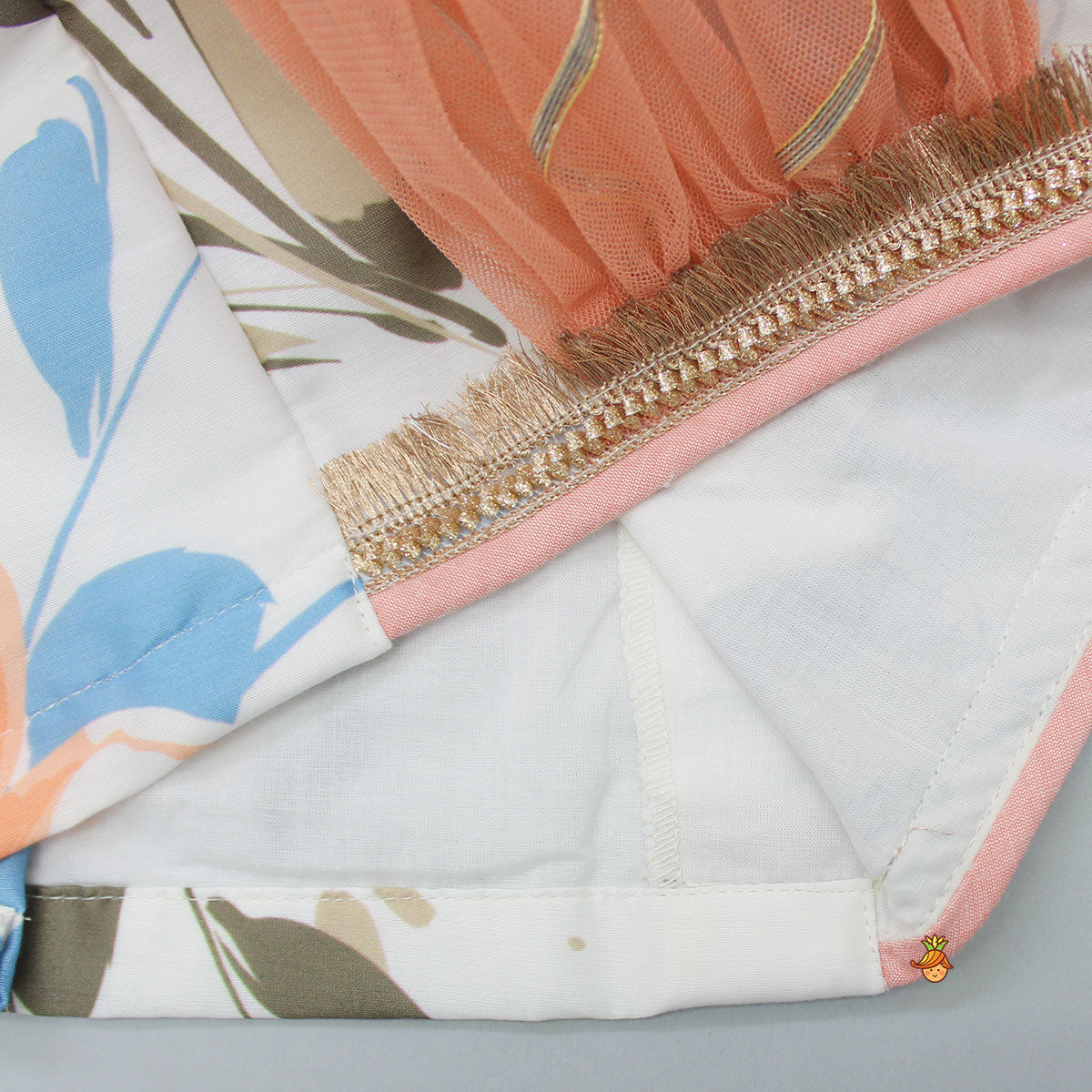 Pre Order: Floral Printed One Shoulder Top And Lehenga With Attached Dupatta